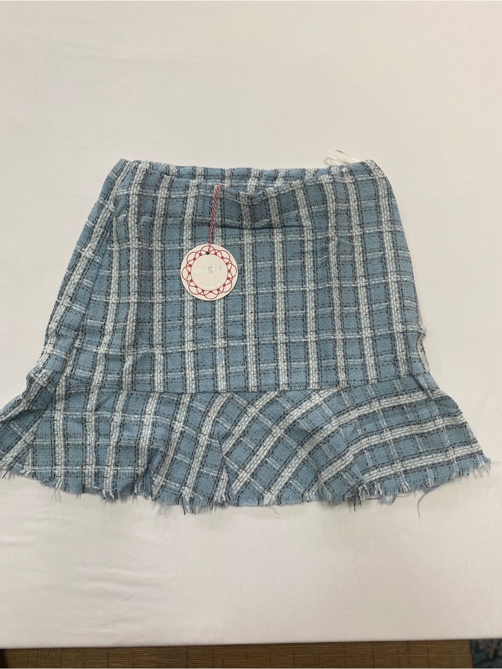 Umgee M Sky Blue Metallic Plaid Tweed Ruffle Mini Skirt